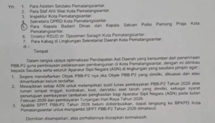 Surat Edaran Wali Kota Pematangsiantar Soal PBB Jadi Blunder, DPRD: Capaian PAD Rendah Dimanfaatkan Bawahan?