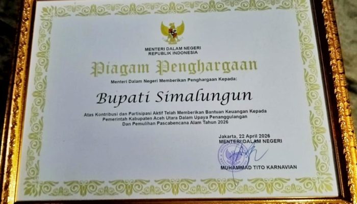 Bupati Simalungun Terima Penghargaan Kemendagri di Musrenbang RKPD Sumut 2027