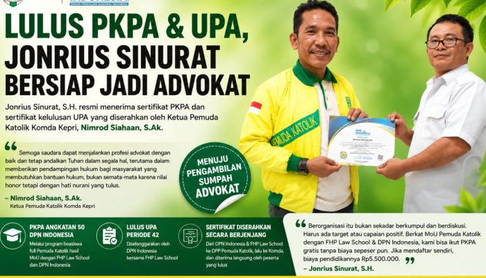 Dari Beasiswa Pemuda Katolik, Jonrius Sinurat SH Raih Sertifikat PKPA dan Lulus UPA DPN Indonesia
